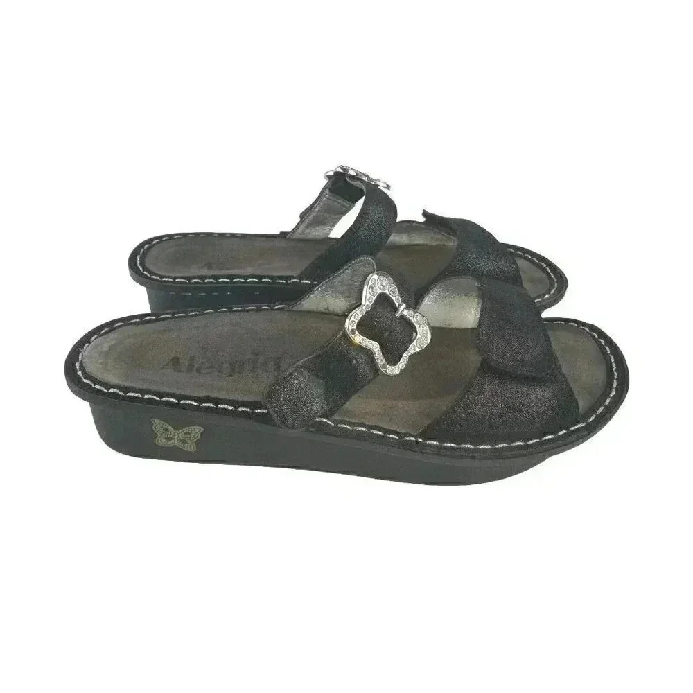 Alergia PG Lite Womens Slides Sandals Black Shimmer Double Straps Buckle Slip 37
